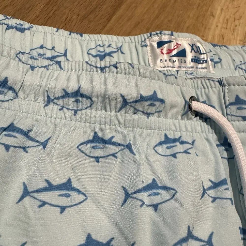 Bermies Swim Trunks XXL Blue Tuna Print Drawstring ~ NWT